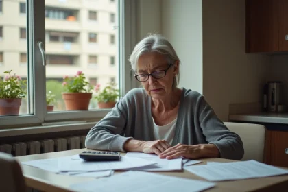 Femme inquiète examinant des documents de surloyer HLM dans sa cuisine modeste