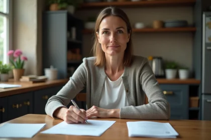 Femme d'&acirc;ge moyen &eacute;crivant une lettre &agrave; la main dans la cuisine