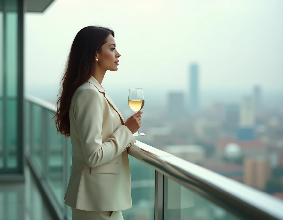 Femme élégante profitant d'un séjour en penthouse haut de gamme avec vue sur la ville