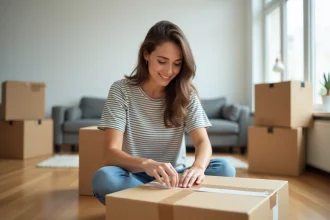 Femme emballant une boxe de demenagement dans un salon lumineux
