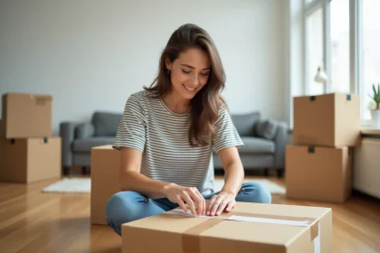 Femme emballant une boxe de demenagement dans un salon lumineux