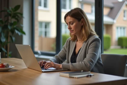Femme d'&acirc;ge moyen &eacute;valuant un bien immobilier &agrave; domicile