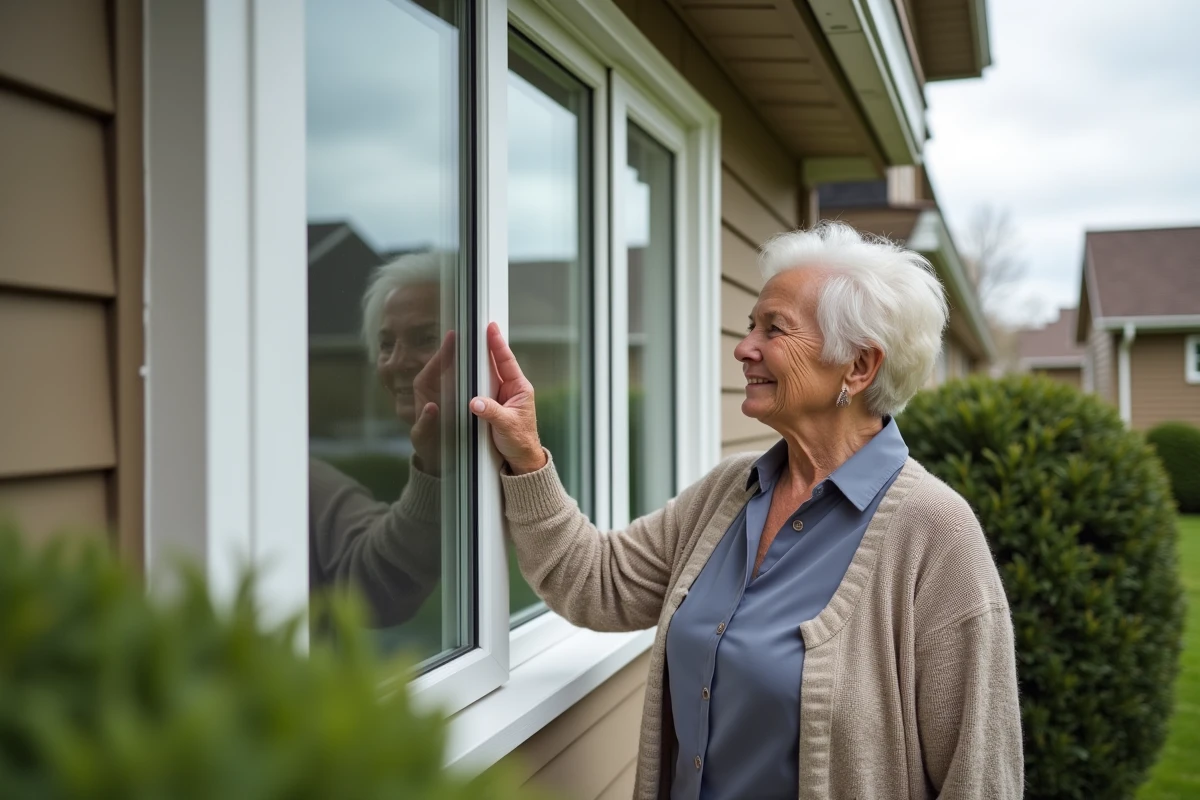 Femme âgée souriante pointe ses nouvelles fenêtres énergétiques