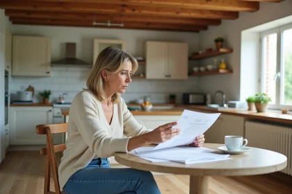 Femme fran&ccedil;aise examine un rapport immobilier dans sa cuisine