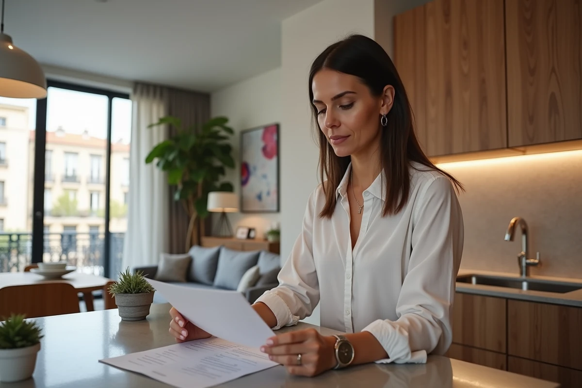 Femme d'âge moyen examinant des documents immobiliers dans une cuisine moderne à Lyon