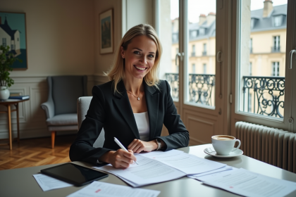 Femme d'âge moyen en blazer dans un appartement parisien
