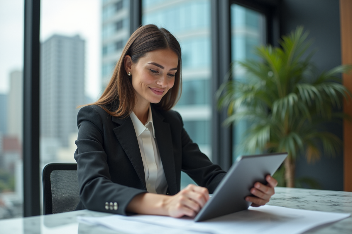 Femme d'affaires examine plans immobiliers en ville