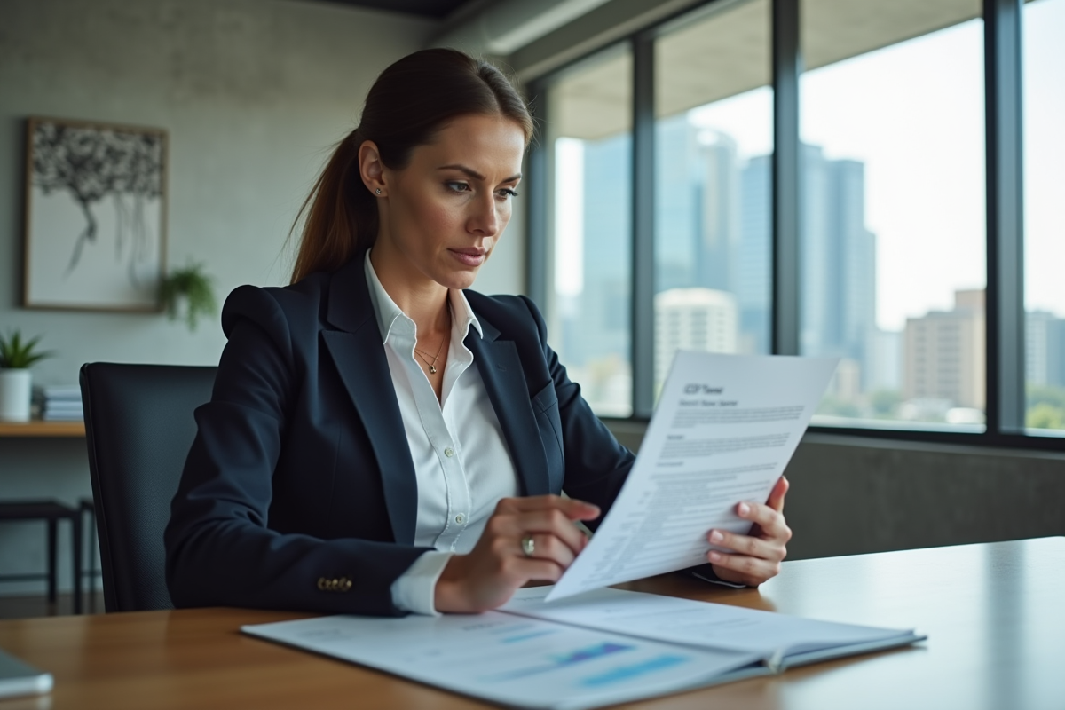 Femme d affaires en bureau moderne examinant un rapport SCPI