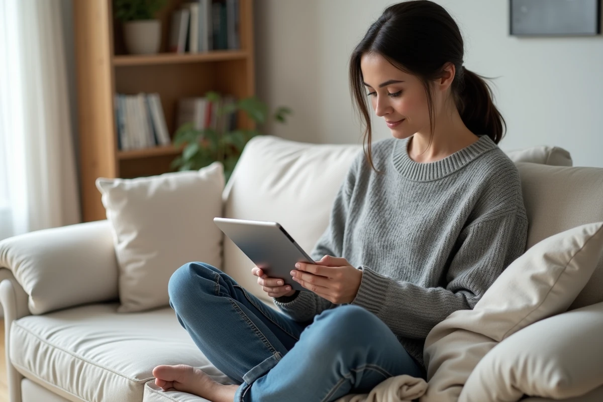 Femme utilisant une application de suivi des prix immobiliers sur une tablette dans un salon de style scandinave