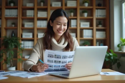 Femme souriante examinant des annonces immobili&egrave;res