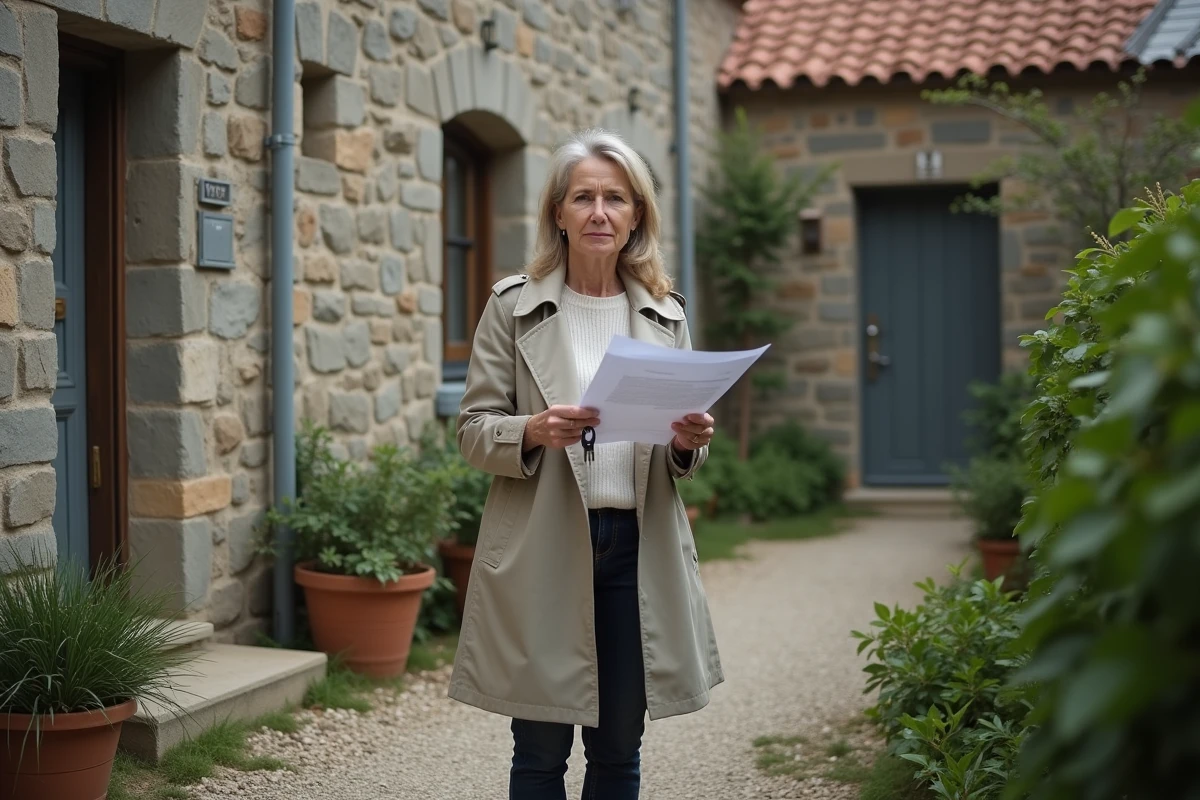 Femme tenant des documents devant une maison en indivision à louer dans un quartier résidentiel français