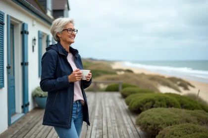 Femme souriante regardant l'horizon en Normandie