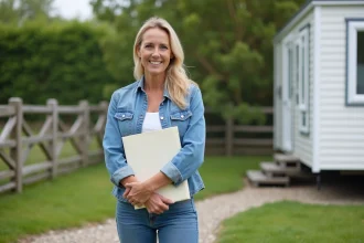 Femme souriante devant son mobilhome en plein air