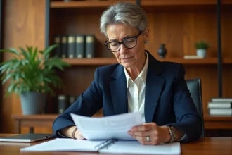 Femme notaire examinent un document de promesse de vente en copropriété dans un bureau professionnel