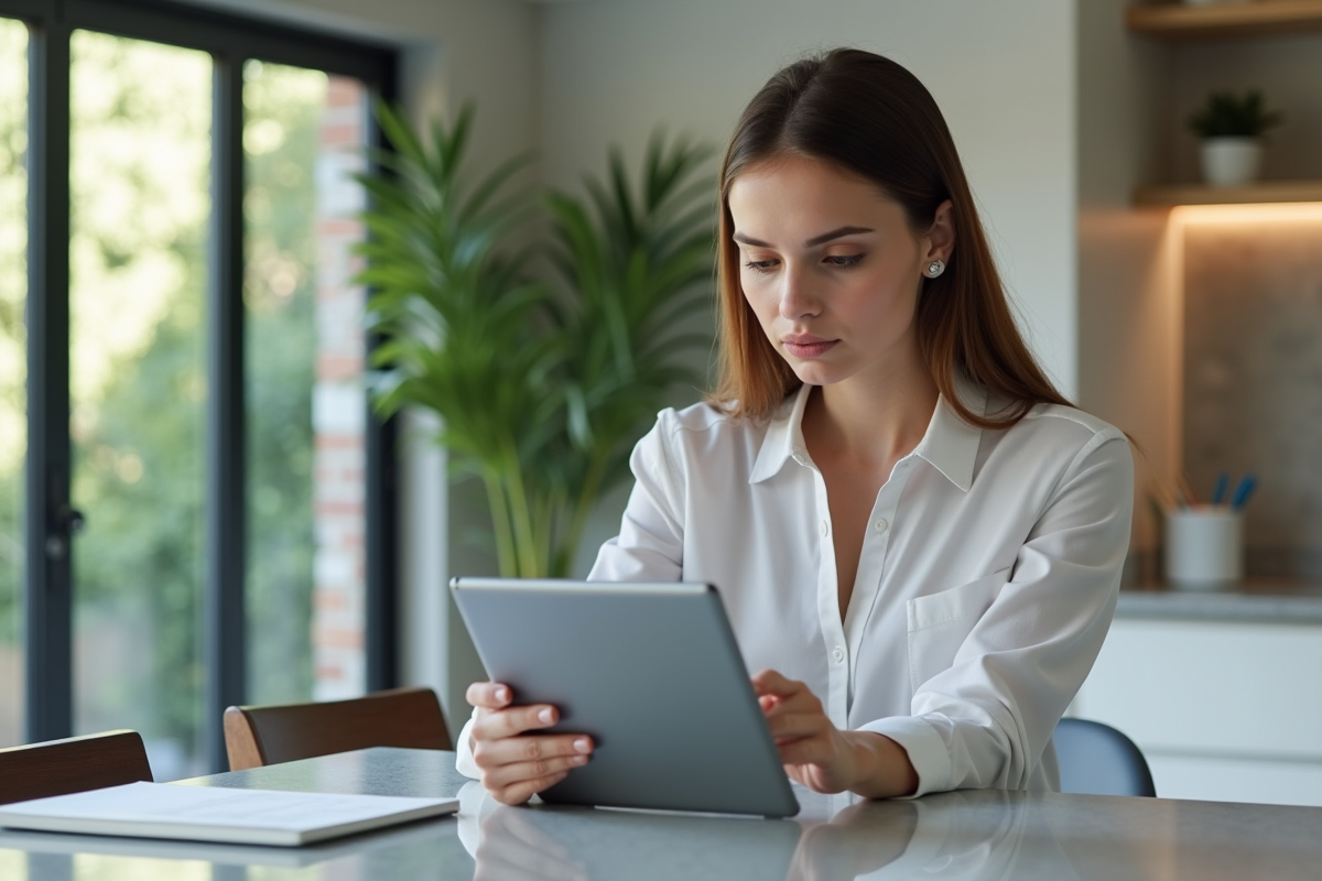 Jeune femme professionnelle examinant un devis de piscine sur tablette