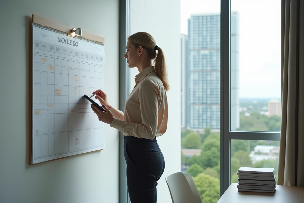Femme professionnelle vérifiant un calendrier et un tablette dans un appartement urbain