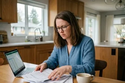 Femme en blouse bleue examine des papiers dans la cuisine