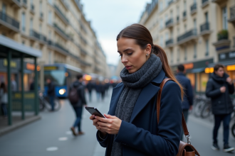Jeune femme à Paris regardant son smartphone dans la rue