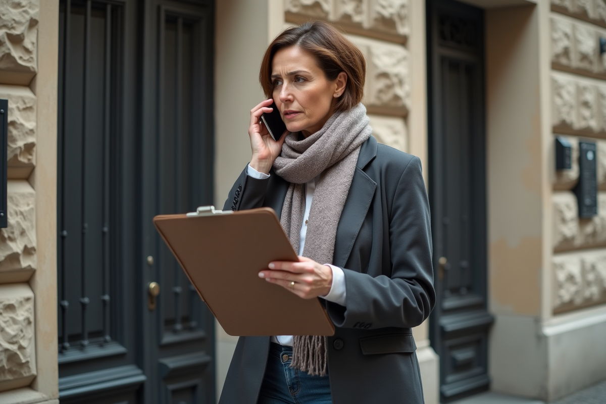 Femme parlant au téléphone devant immeuble parisien
