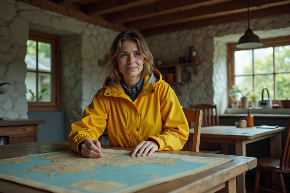 Femme dans maison de p&ecirc;cheur examinant une carte nautique