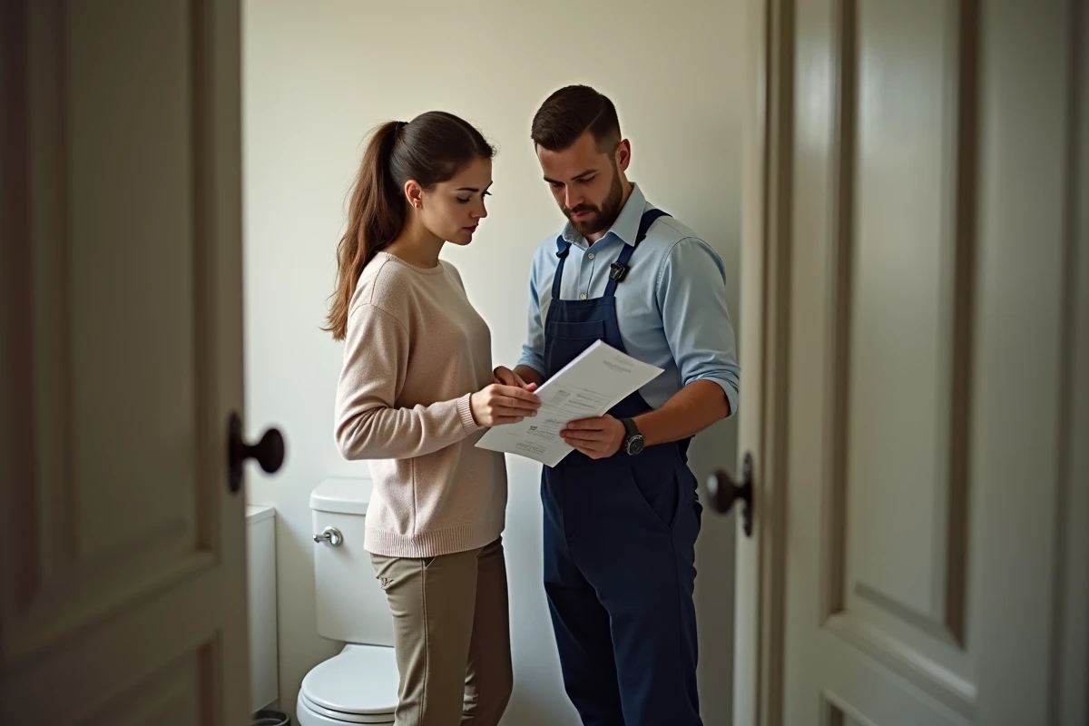 Jeune femme et plombier consultent une facture de maintenance
