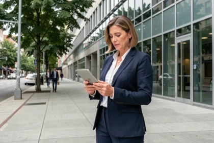 Femme professionnelle devant un immeuble de bureaux moderne avenue de l'industrie, consultant une tablette pour son projet d'installation