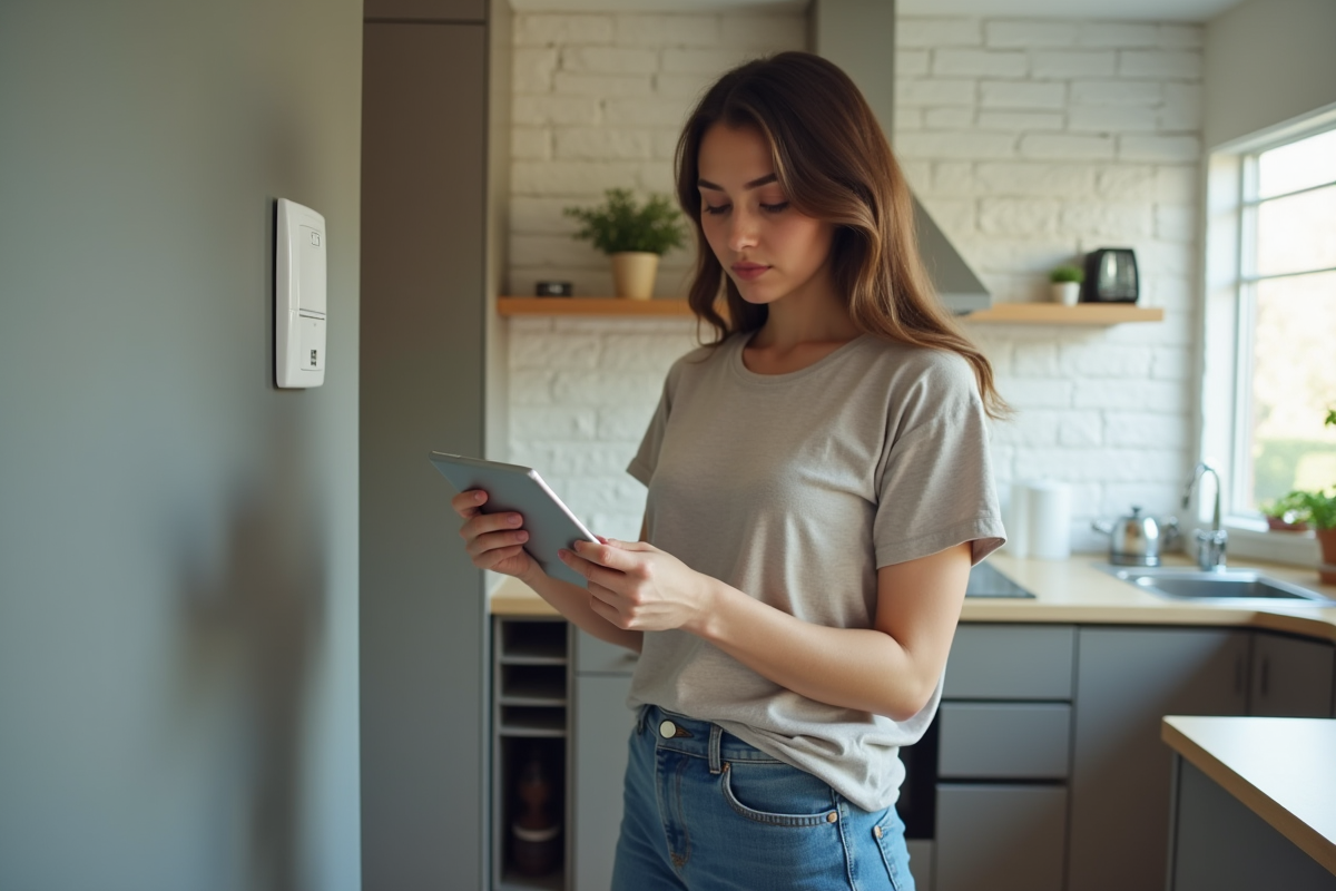 Jeune femme tenant un disjoncteur en regardant sa tablette dans la cuisine