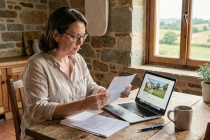 Femme consultant des annonces de location immobilière dans la Creuse sur ordinateur portable avec documents papier