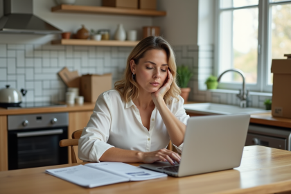 Femme d'âge moyen dans une cuisine moderne examine des papiers