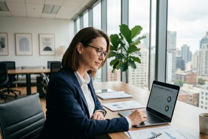 Femme cadre en reconversion professionnelle dans la gestion de patrimoine, travaillant sur des documents financiers dans un bureau moderne