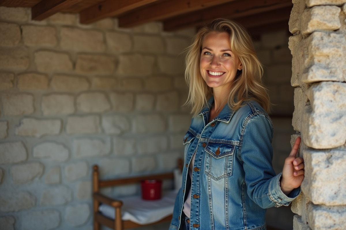 Femme inspectant un mur en pierre restauré dans une maison