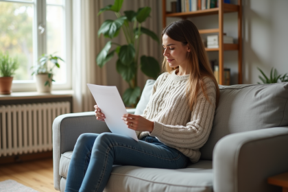 Femme en intérieur examine documents d'assurance location