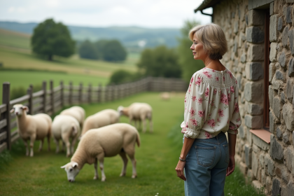 Femme rurale observant un troupeau de moutons dans un paysage bucolique