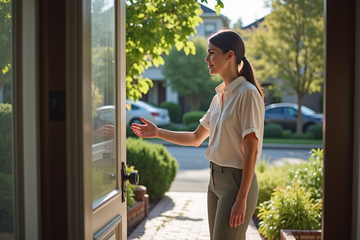 Femme accueillant un technicien à la porte de sa maison