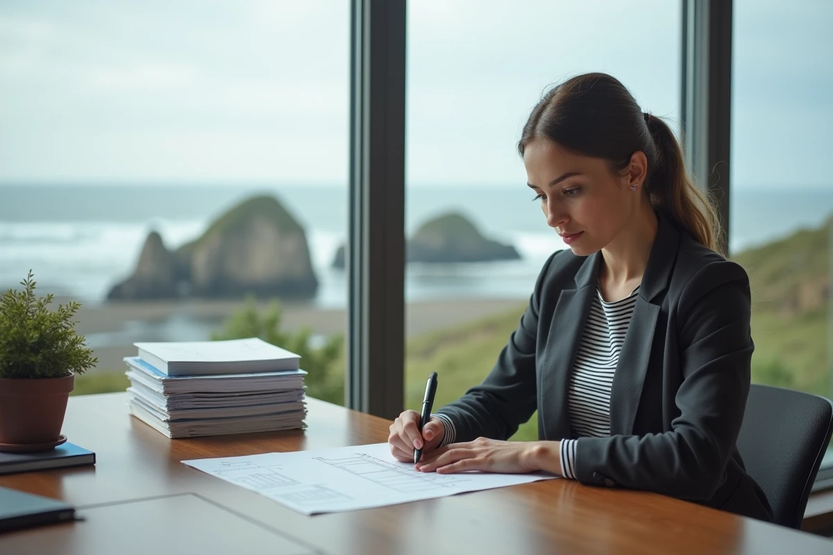 Jeune femme signant un document dans un bureau c&ocirc;tier