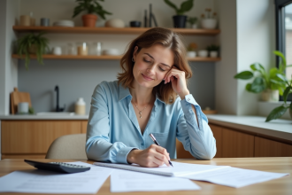 Femme signant un document de prêt hypothécaire dans une cuisine moderne