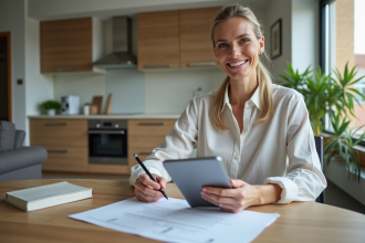 Femme signant un contrat de location dans un appartement lumineux