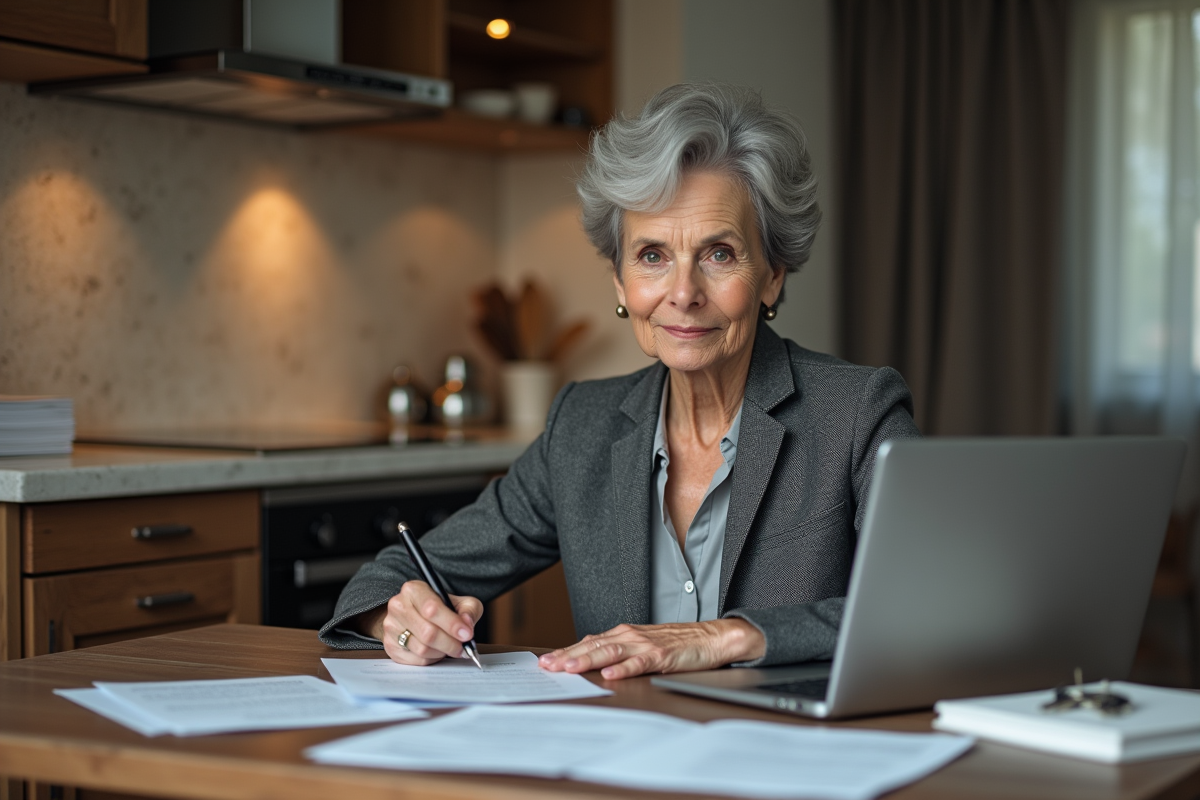 Femme senior signant des papiers dans une cuisine chaleureuse