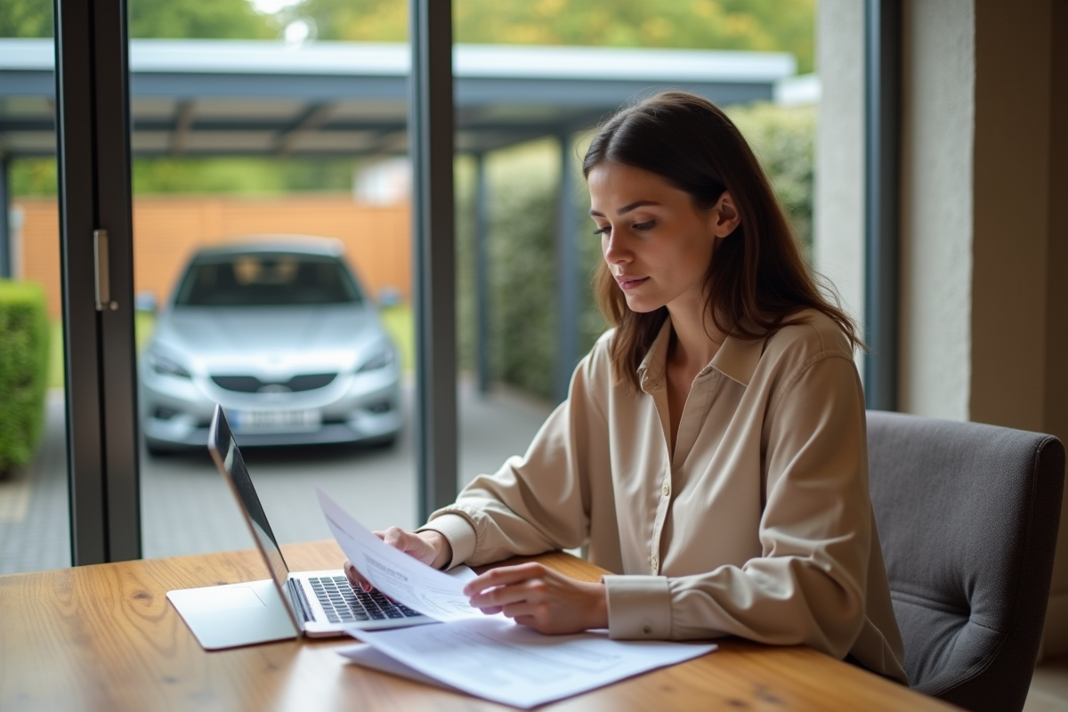 Jeune femme au bureau examinant papiers et ordinateur