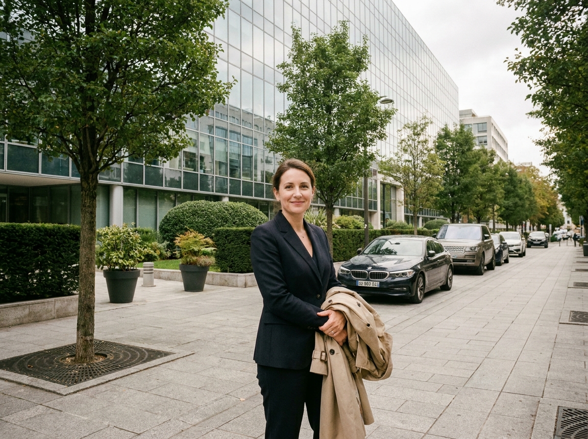 Femme chic en trench à Neuilly sur Seine devant un bâtiment moderne