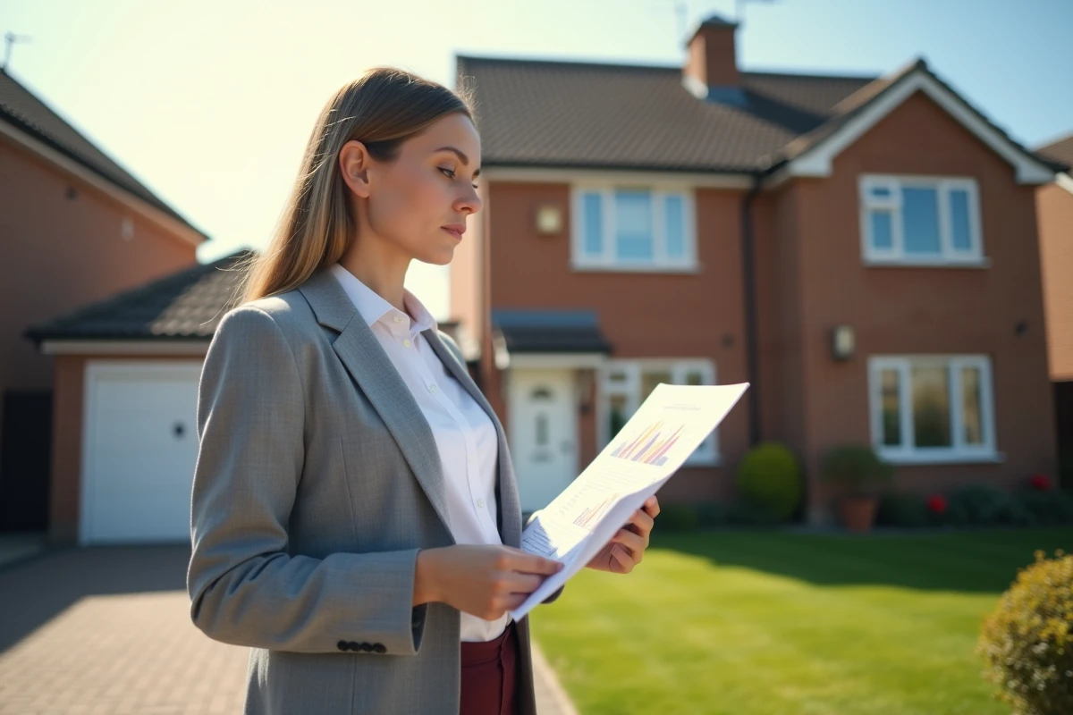 Jeune femme examinant une fiche de valeur immobili&egrave;re devant une maison