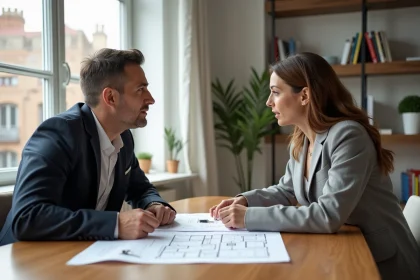 Frère et sœur en discussion autour de documents immobiliers pour la location d'une maison en indivision