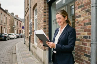 Agente immobilière professionnelle devant une agence de gestion locative dans le Pas-de-Calais, tenant un dossier de gestion de propriété