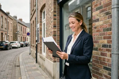 Agente immobilière professionnelle devant une agence de gestion locative dans le Pas-de-Calais, tenant un dossier de gestion de propriété