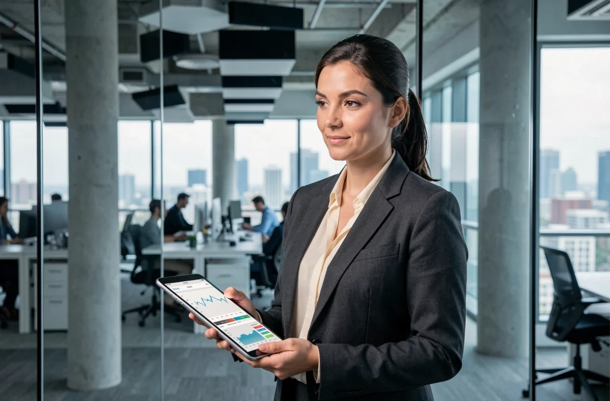 Gestionnaire d'actifs immobiliers analysant l'indice ICC sur tablette dans un bureau moderne