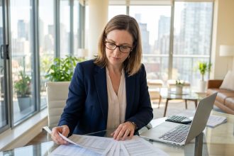 Gestionnaire immobilière analysant les charges d'exploitation sur des documents financiers dans un bureau moderne
