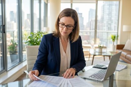 Gestionnaire immobilière analysant les charges d'exploitation sur des documents financiers dans un bureau moderne