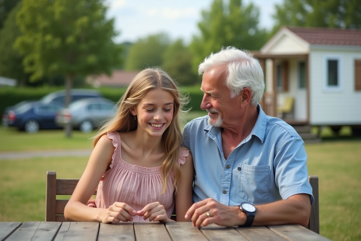 Granddaughter et grand-pere lors d un pique-nique en vacances