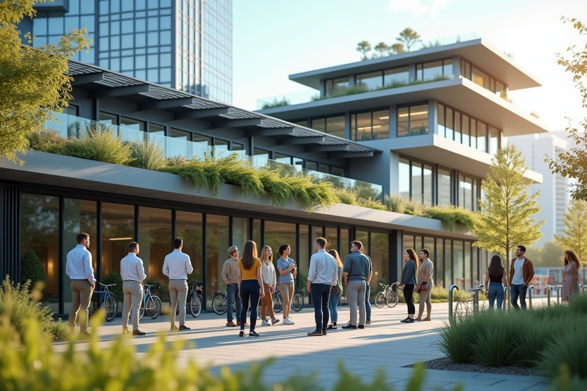 Groupe de jeunes discutant devant un bâtiment durable