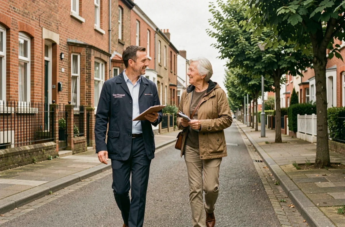 Agent Guy Hoquet Immobilier de Calais accompagnant un propriétaire dans une rue résidentielle locale pour une mission de gestion locative de proximité